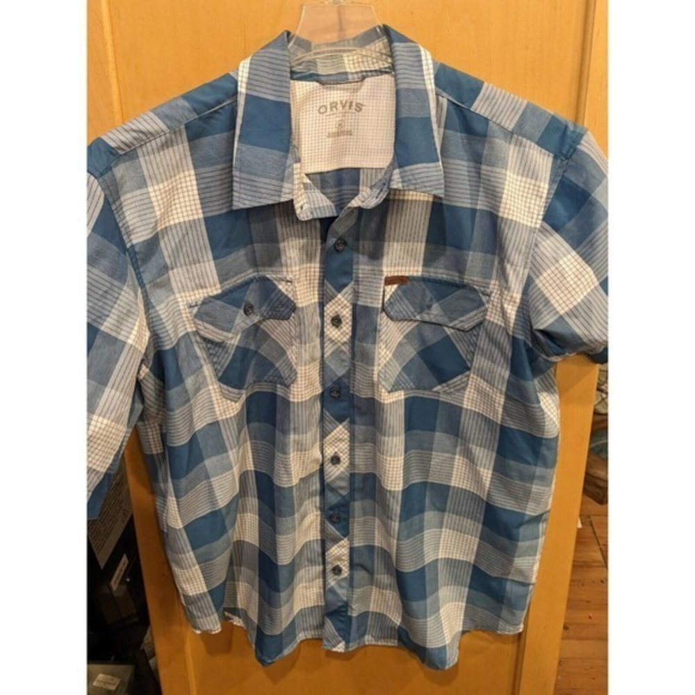 Orvis men's shirt size XL button down short sleeve blue plaid fishing